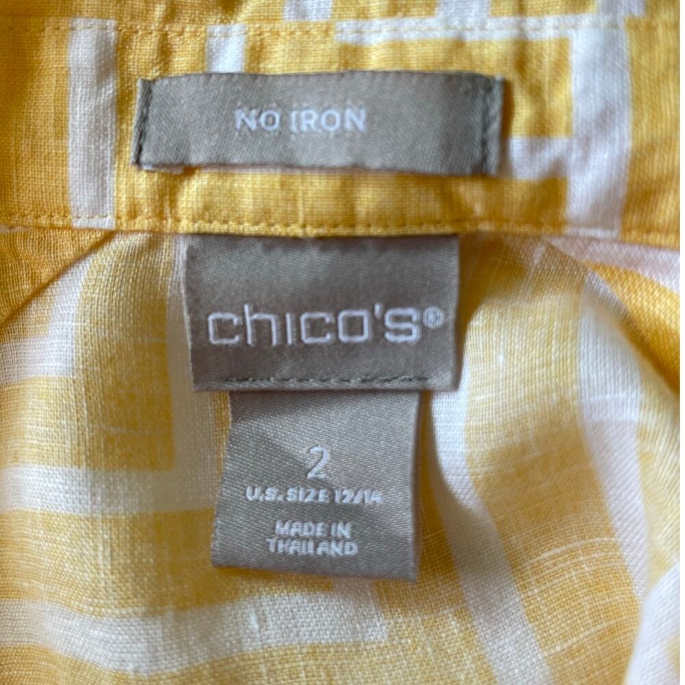 Chico’s 100% Linen No Iron Top Sz L 12/14 Yellow White Geometric Preppy - Picture 3 of 10
